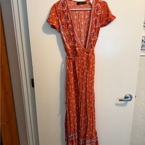 Orange Maxi Sundress with Flutter Sleeves and Plunge Neckline